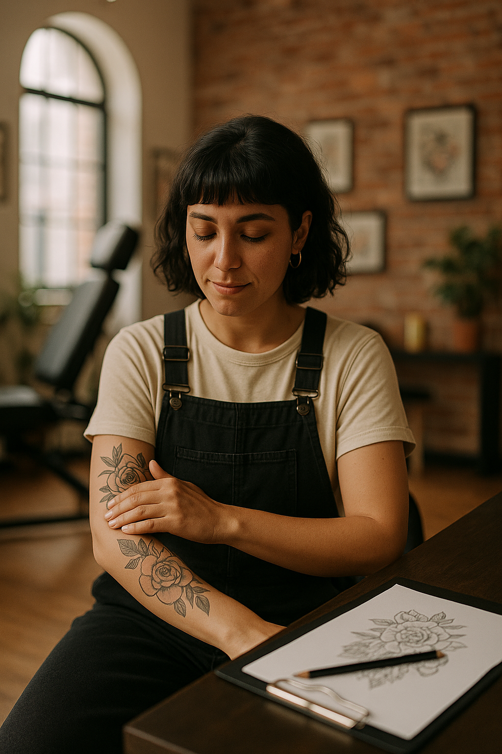 Artiste tatoueuse appliquant la creme tatouage slide Anwendung einer biologischen und natürlichen Tätowiercreme
